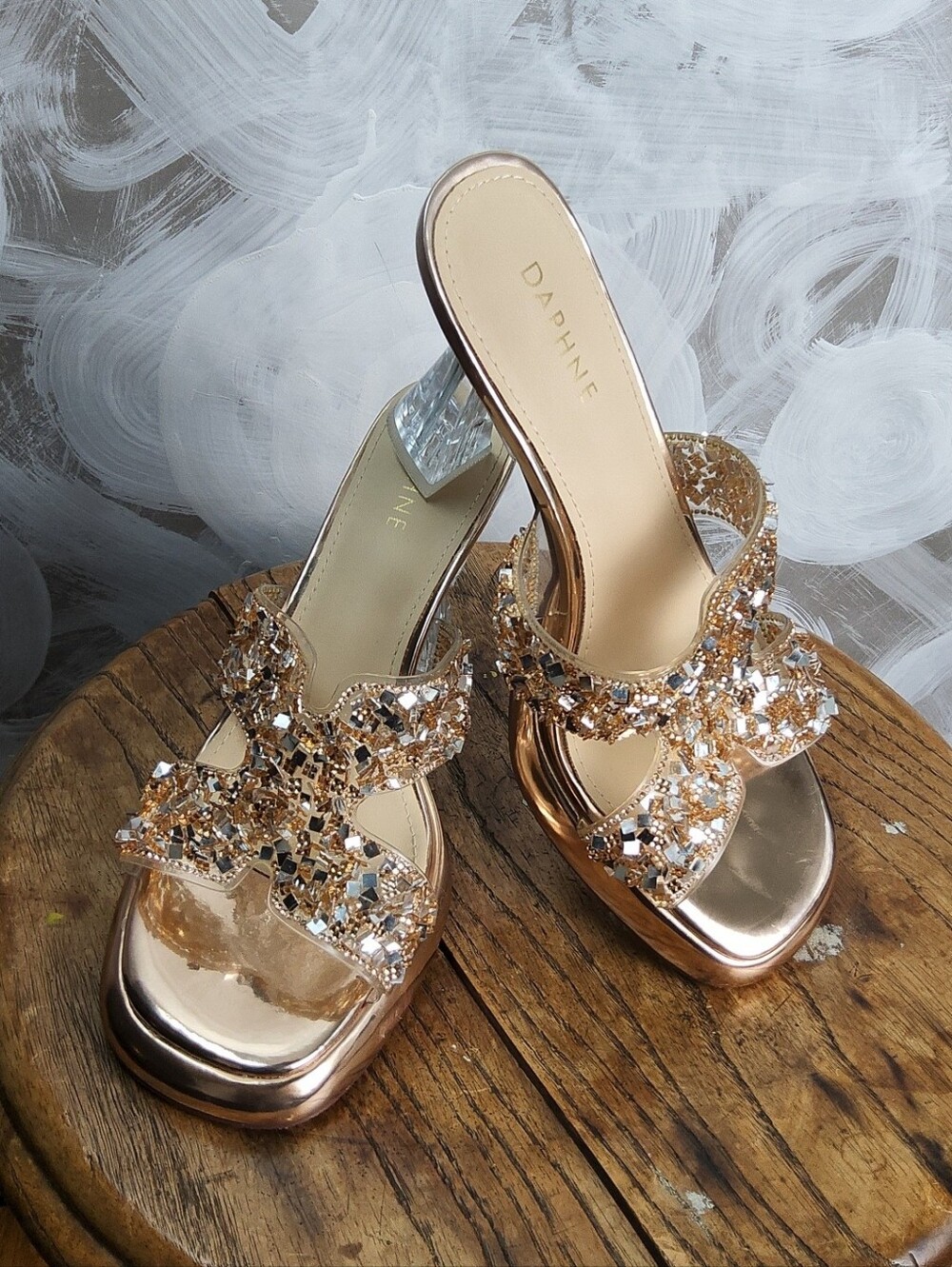 DAPHNE Wmns Sz 9 Shimmering Blush Square Crystal Embellished Clear Heels Slides